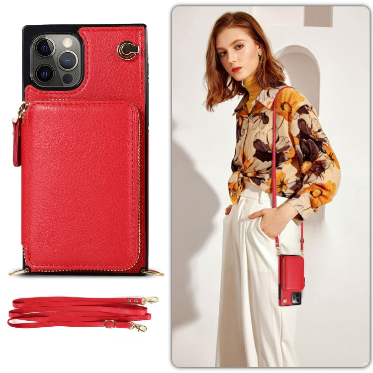 For iPhone 12 Pro Max Cross-body Zipper Big Wallet Bag Square TPU+PU Back Cover Case with Holder & Card Slots & Wallet & Strap