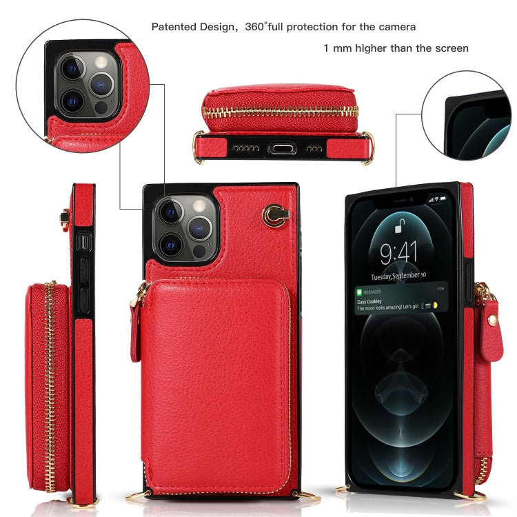 For iPhone 12 Pro Max Cross-body Zipper Big Wallet Bag Square TPU+PU Back Cover Case with Holder & Card Slots & Wallet & Strap