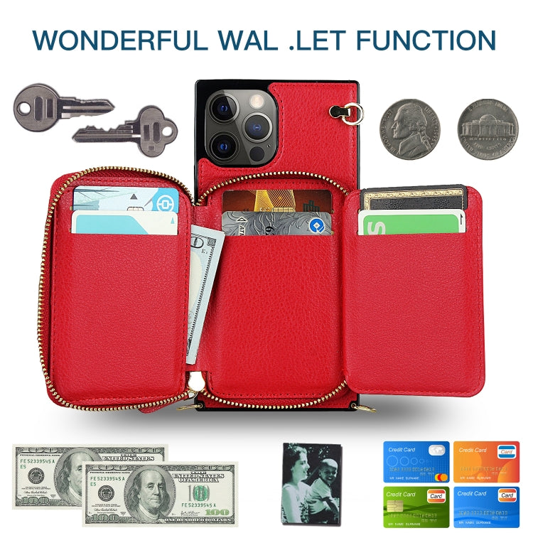 For iPhone 12 Pro Max Cross-body Zipper Big Wallet Bag Square TPU+PU Back Cover Case with Holder & Card Slots & Wallet & Strap