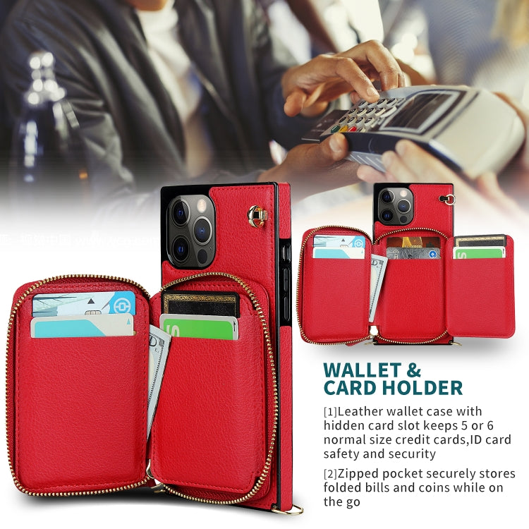 For iPhone 12 Pro Max Cross-body Zipper Big Wallet Bag Square TPU+PU Back Cover Case with Holder & Card Slots & Wallet & Strap