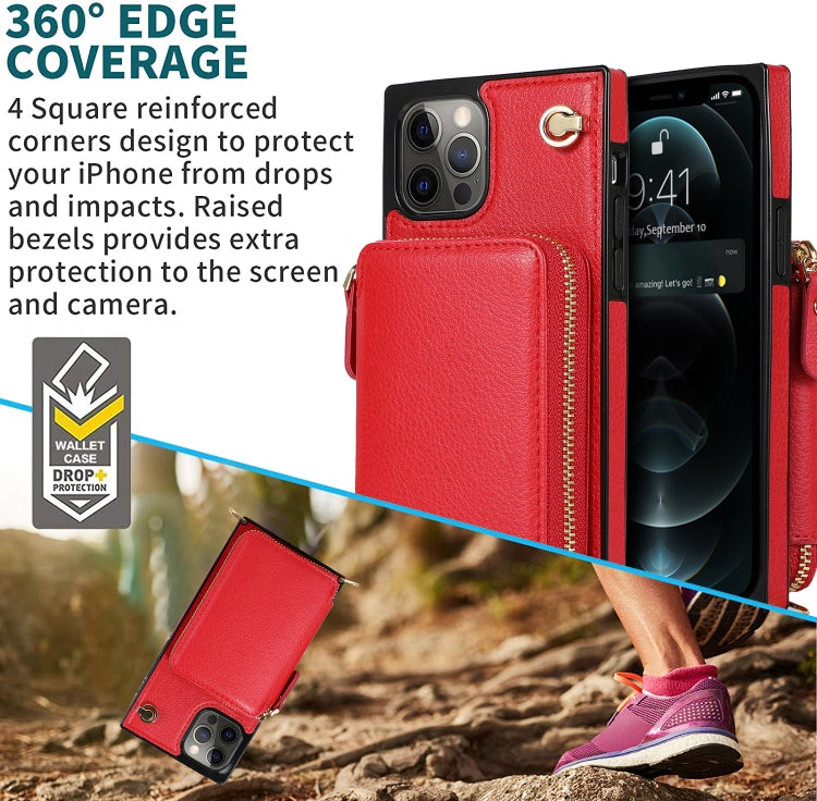 For iPhone 12 Pro Max Cross-body Zipper Big Wallet Bag Square TPU+PU Back Cover Case with Holder & Card Slots & Wallet & Strap