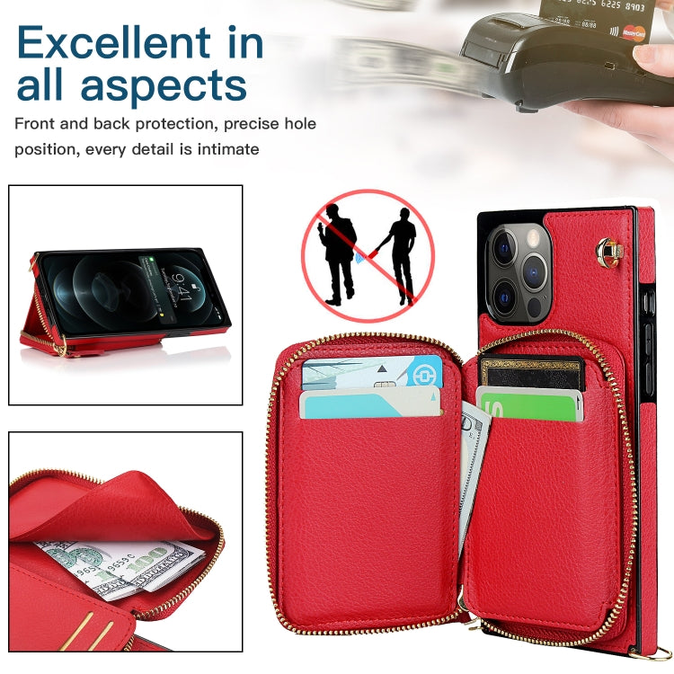 For iPhone 12 Pro Max Cross-body Zipper Big Wallet Bag Square TPU+PU Back Cover Case with Holder & Card Slots & Wallet & Strap
