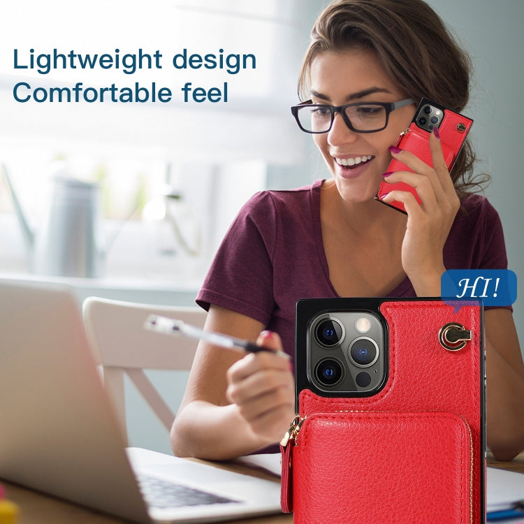 For iPhone 12 Pro Max Cross-body Zipper Big Wallet Bag Square TPU+PU Back Cover Case with Holder & Card Slots & Wallet & Strap