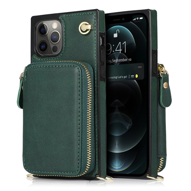 For iPhone 12 Pro Max Cross-body Zipper Big Wallet Bag Square TPU+PU Back Cover Case with Holder & Card Slots & Wallet & Strap