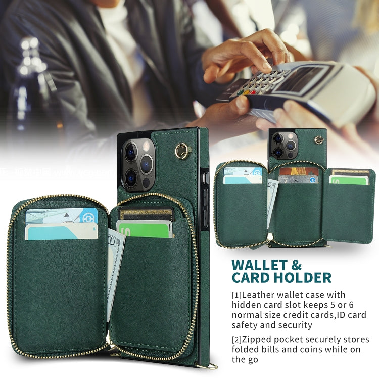 For iPhone 12 Pro Max Cross-body Zipper Big Wallet Bag Square TPU+PU Back Cover Case with Holder & Card Slots & Wallet & Strap