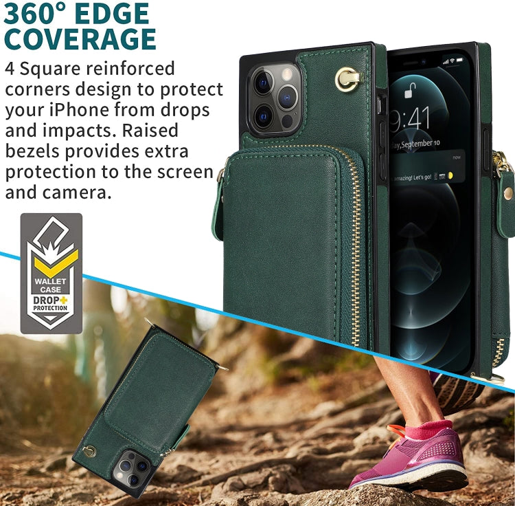 For iPhone 12 Pro Max Cross-body Zipper Big Wallet Bag Square TPU+PU Back Cover Case with Holder & Card Slots & Wallet & Strap