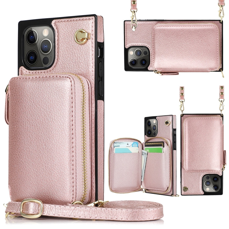 For iPhone 12 Pro Max Cross-body Zipper Big Wallet Bag Square TPU+PU Back Cover Case with Holder & Card Slots & Wallet & Strap
