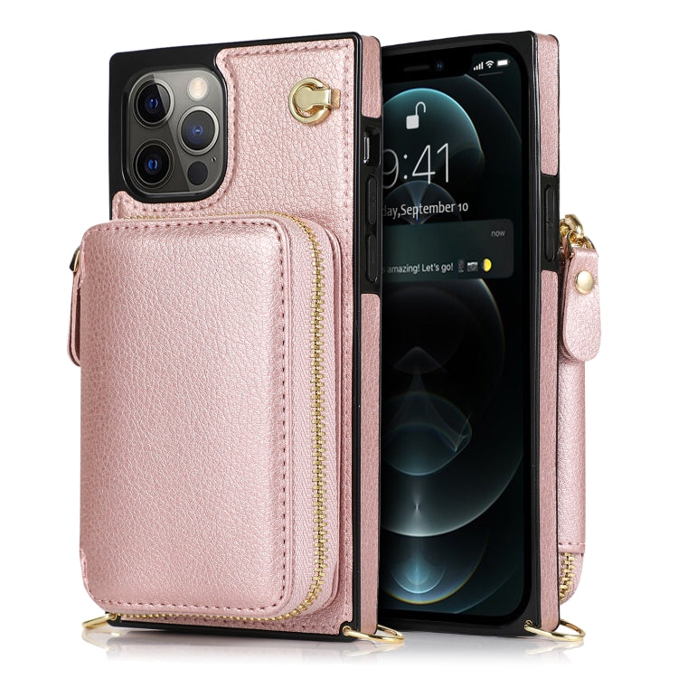 For iPhone 12 Pro Max Cross-body Zipper Big Wallet Bag Square TPU+PU Back Cover Case with Holder & Card Slots & Wallet & Strap