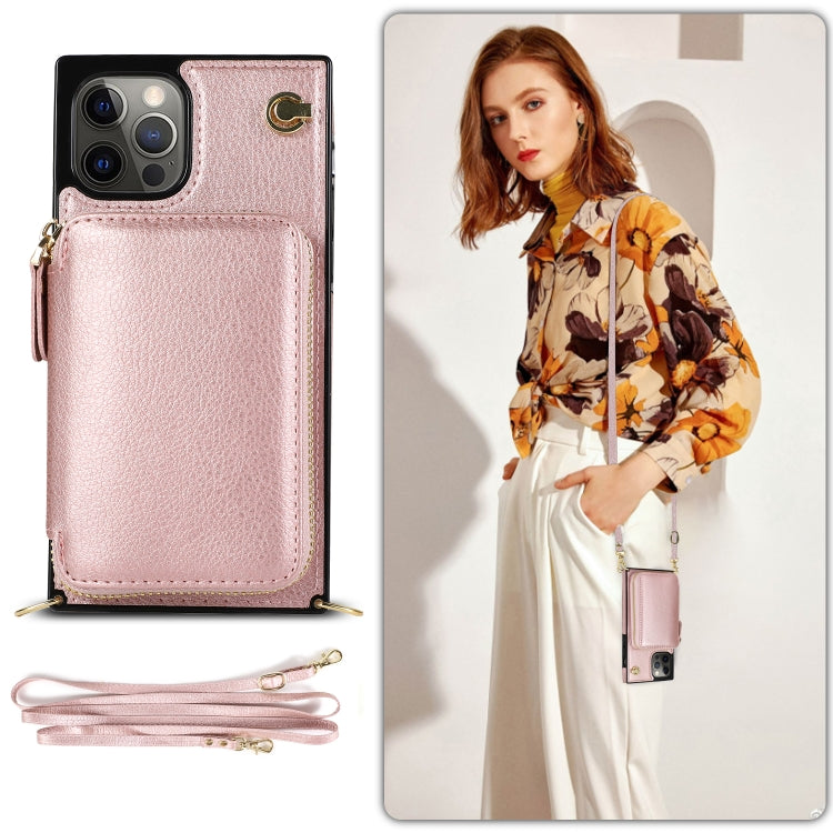 For iPhone 12 Pro Max Cross-body Zipper Big Wallet Bag Square TPU+PU Back Cover Case with Holder & Card Slots & Wallet & Strap