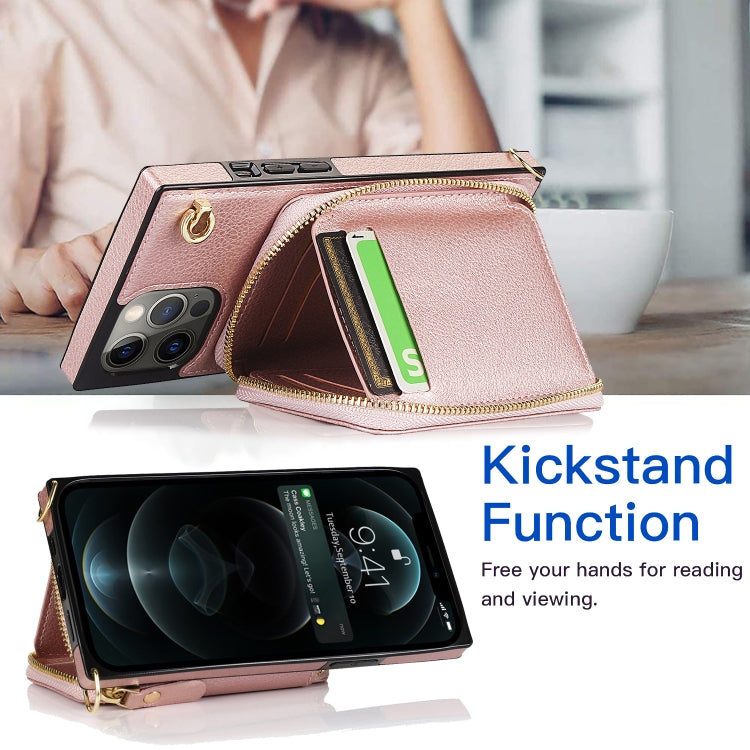 For iPhone 12 Pro Max Cross-body Zipper Big Wallet Bag Square TPU+PU Back Cover Case with Holder & Card Slots & Wallet & Strap