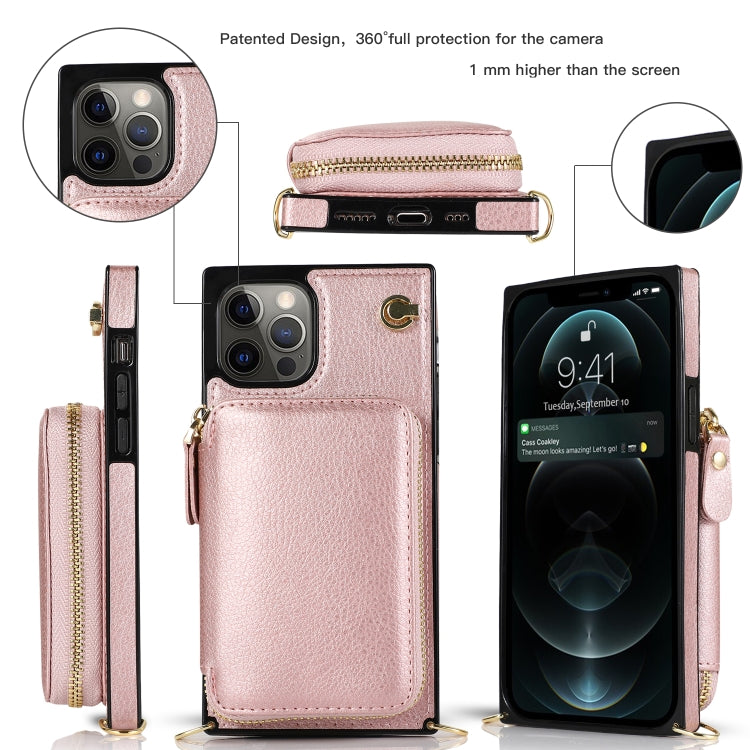 For iPhone 12 Pro Max Cross-body Zipper Big Wallet Bag Square TPU+PU Back Cover Case with Holder & Card Slots & Wallet & Strap