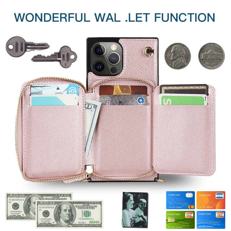 For iPhone 12 Pro Max Cross-body Zipper Big Wallet Bag Square TPU+PU Back Cover Case with Holder & Card Slots & Wallet & Strap