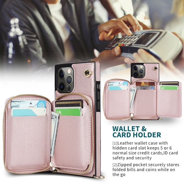 For iPhone 12 Pro Max Cross-body Zipper Big Wallet Bag Square TPU+PU Back Cover Case with Holder & Card Slots & Wallet & Strap