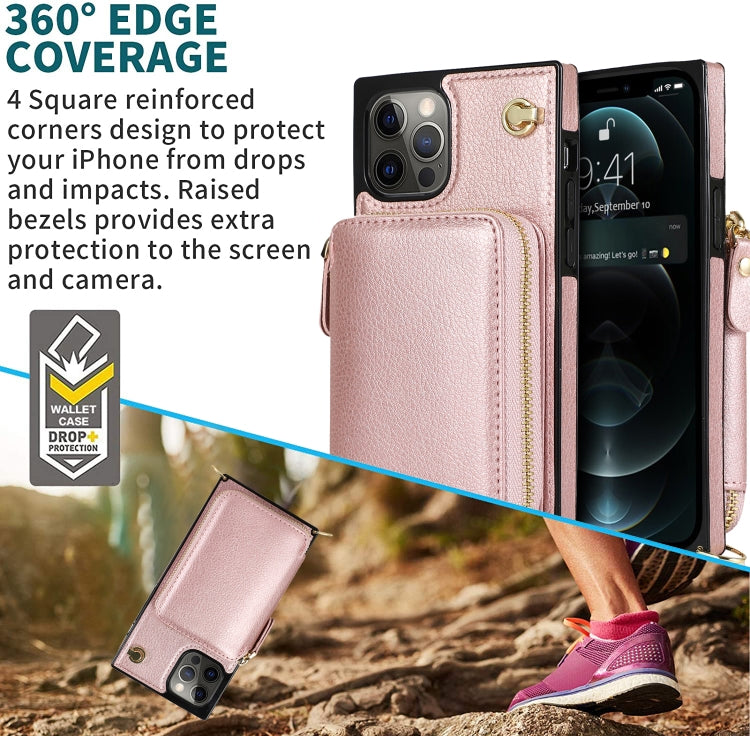 For iPhone 12 Pro Max Cross-body Zipper Big Wallet Bag Square TPU+PU Back Cover Case with Holder & Card Slots & Wallet & Strap