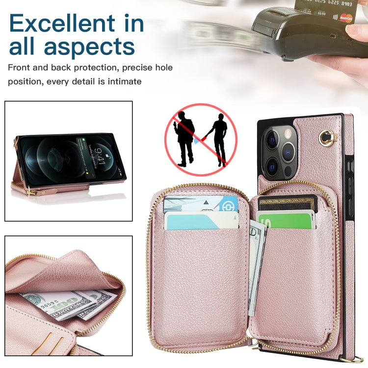 For iPhone 12 Pro Max Cross-body Zipper Big Wallet Bag Square TPU+PU Back Cover Case with Holder & Card Slots & Wallet & Strap