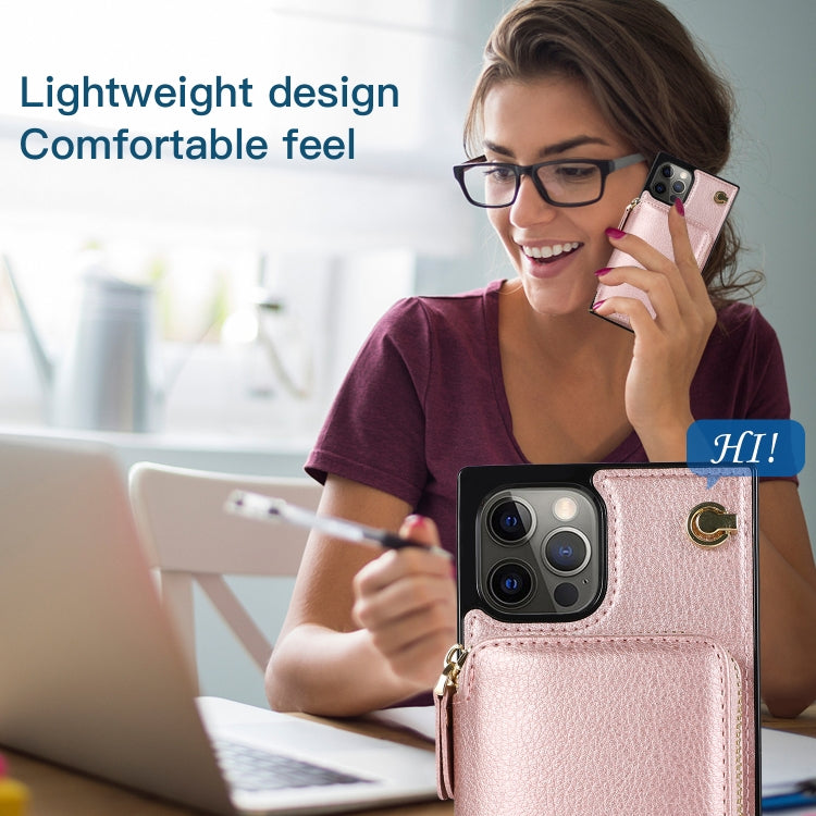 For iPhone 12 Pro Max Cross-body Zipper Big Wallet Bag Square TPU+PU Back Cover Case with Holder & Card Slots & Wallet & Strap