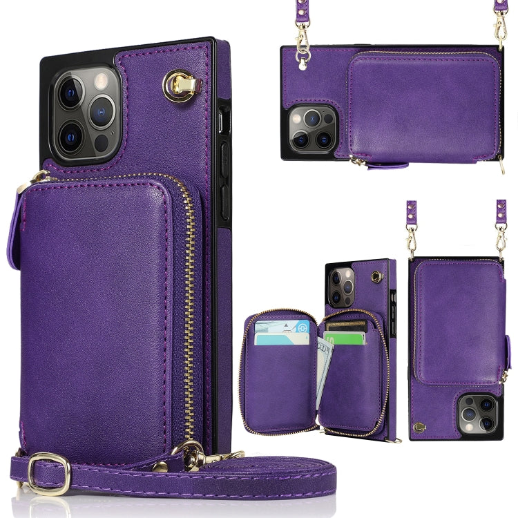 For iPhone 12 Pro Max Cross-body Zipper Big Wallet Bag Square TPU+PU Back Cover Case with Holder & Card Slots & Wallet & Strap