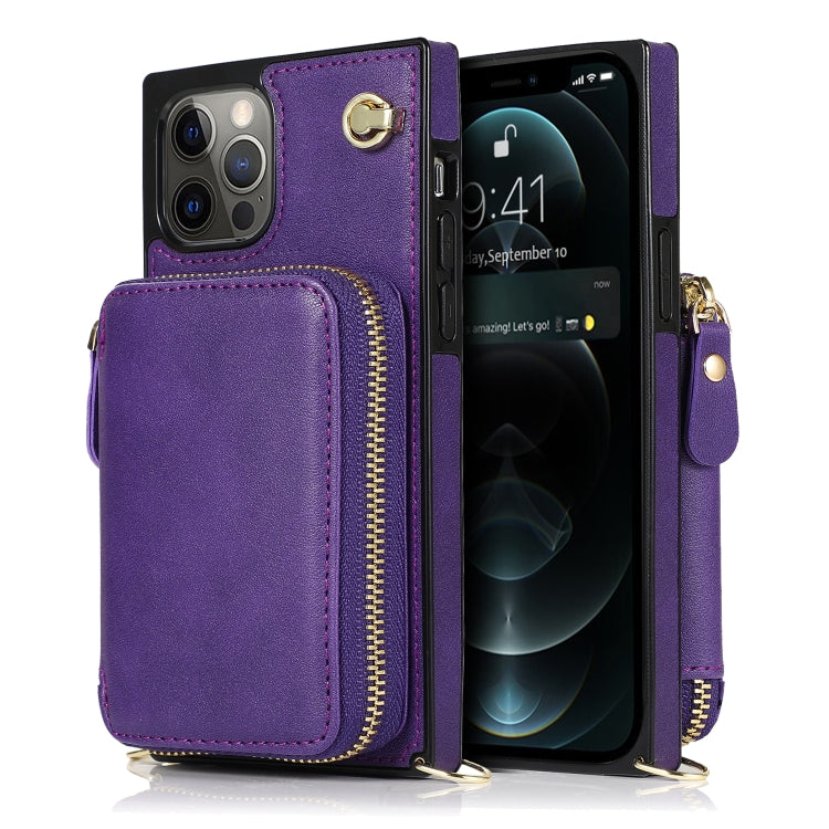 For iPhone 12 Pro Max Cross-body Zipper Big Wallet Bag Square TPU+PU Back Cover Case with Holder & Card Slots & Wallet & Strap