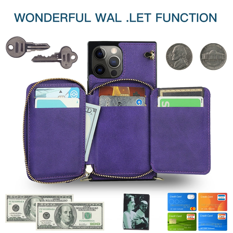 For iPhone 12 Pro Max Cross-body Zipper Big Wallet Bag Square TPU+PU Back Cover Case with Holder & Card Slots & Wallet & Strap