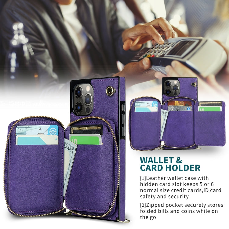 For iPhone 12 Pro Max Cross-body Zipper Big Wallet Bag Square TPU+PU Back Cover Case with Holder & Card Slots & Wallet & Strap