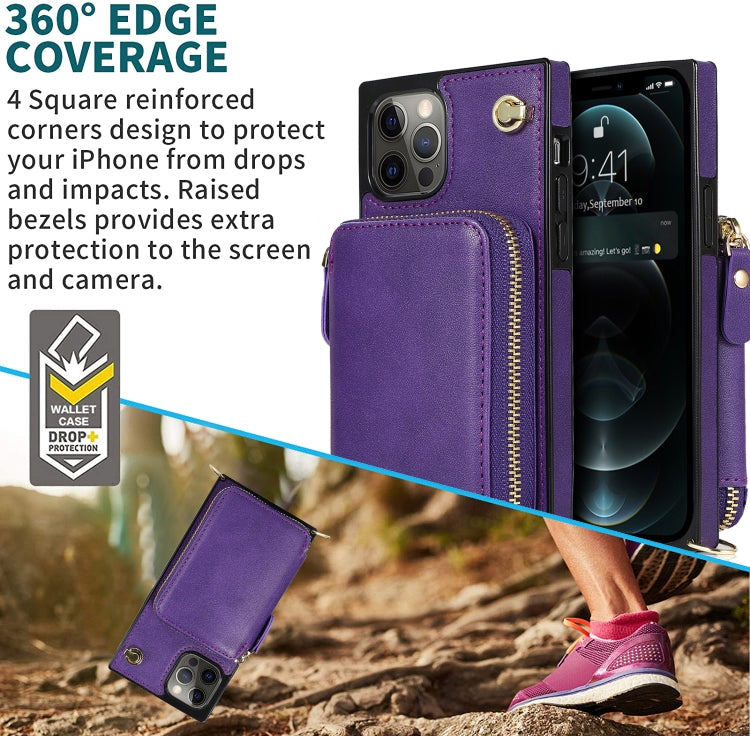 For iPhone 12 Pro Max Cross-body Zipper Big Wallet Bag Square TPU+PU Back Cover Case with Holder & Card Slots & Wallet & Strap