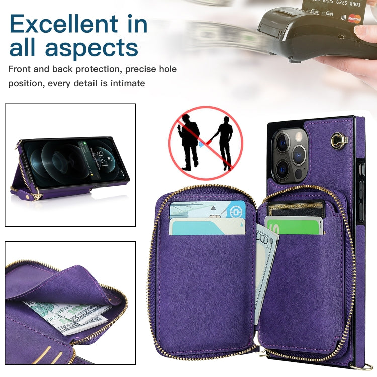 For iPhone 12 Pro Max Cross-body Zipper Big Wallet Bag Square TPU+PU Back Cover Case with Holder & Card Slots & Wallet & Strap
