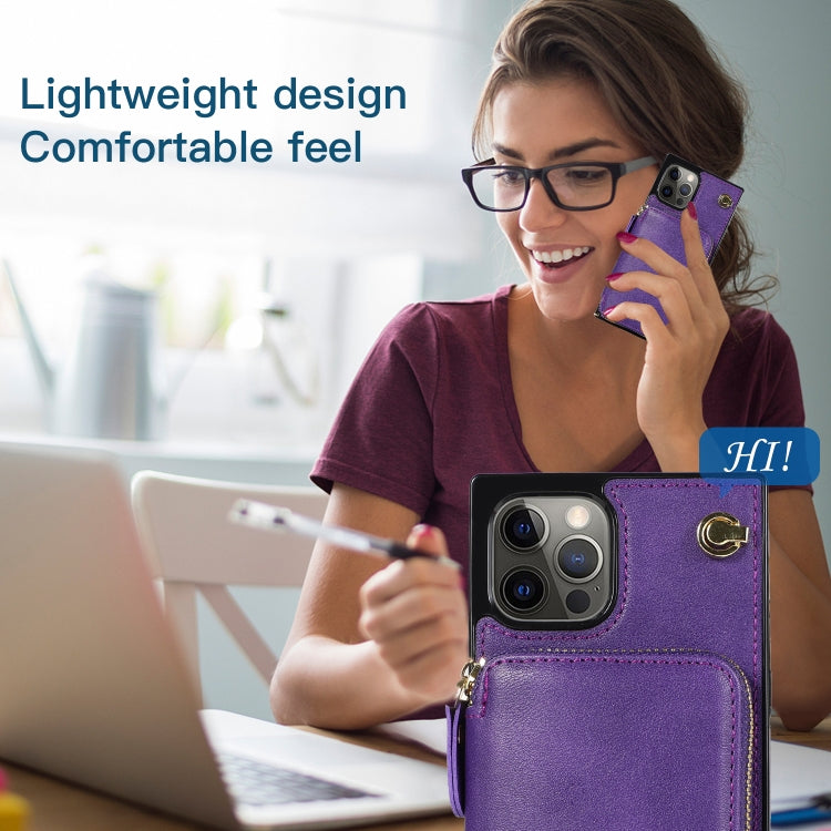 For iPhone 12 Pro Max Cross-body Zipper Big Wallet Bag Square TPU+PU Back Cover Case with Holder & Card Slots & Wallet & Strap