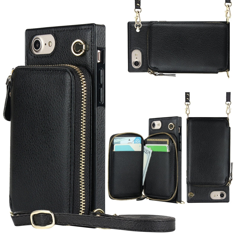 For iPhone SE 2022 / SE 2020 / 8 / 7 Cross-body Zipper Big Wallet Bag Square TPU+PU Back Cover Case with Holder & Card Slots & Wallet & Strap