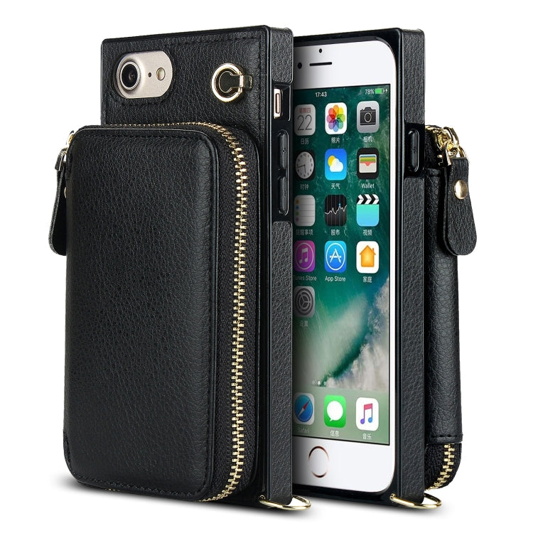 For iPhone SE 2022 / SE 2020 / 8 / 7 Cross-body Zipper Big Wallet Bag Square TPU+PU Back Cover Case with Holder & Card Slots & Wallet & Strap