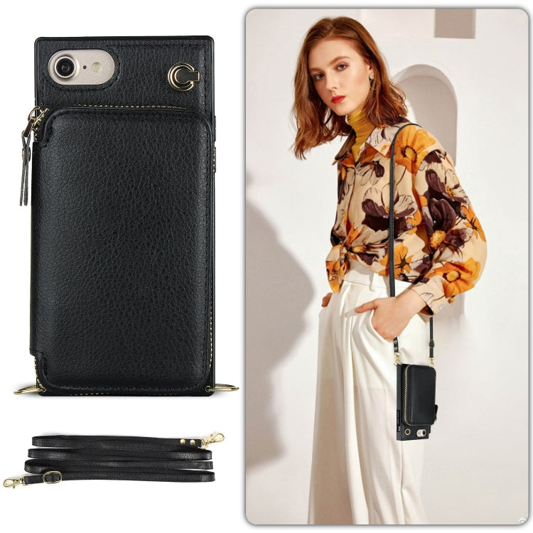 For iPhone SE 2022 / SE 2020 / 8 / 7 Cross-body Zipper Big Wallet Bag Square TPU+PU Back Cover Case with Holder & Card Slots & Wallet & Strap
