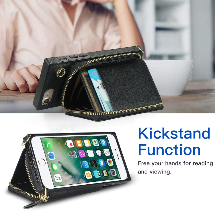 For iPhone SE 2022 / SE 2020 / 8 / 7 Cross-body Zipper Big Wallet Bag Square TPU+PU Back Cover Case with Holder & Card Slots & Wallet & Strap