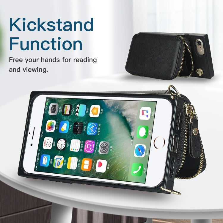 For iPhone SE 2022 / SE 2020 / 8 / 7 Cross-body Zipper Big Wallet Bag Square TPU+PU Back Cover Case with Holder & Card Slots & Wallet & Strap
