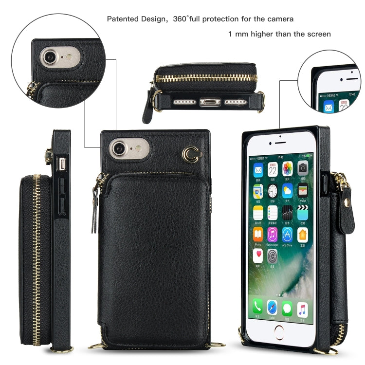 For iPhone SE 2022 / SE 2020 / 8 / 7 Cross-body Zipper Big Wallet Bag Square TPU+PU Back Cover Case with Holder & Card Slots & Wallet & Strap