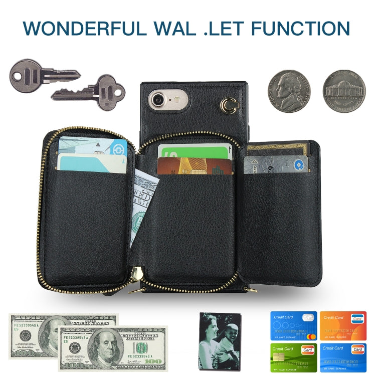 For iPhone SE 2022 / SE 2020 / 8 / 7 Cross-body Zipper Big Wallet Bag Square TPU+PU Back Cover Case with Holder & Card Slots & Wallet & Strap