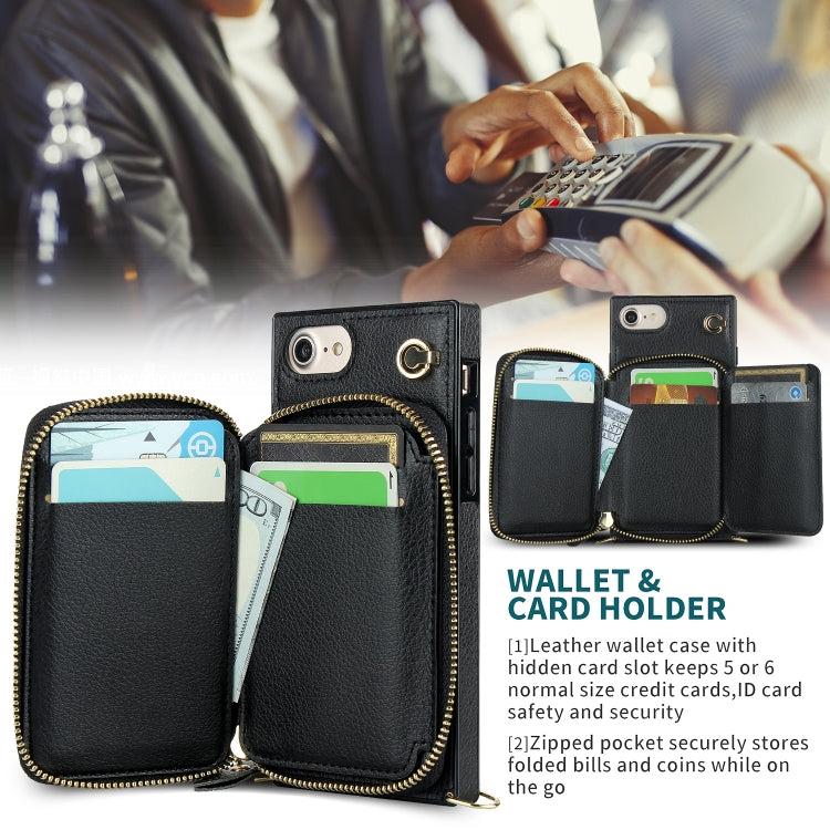 For iPhone SE 2022 / SE 2020 / 8 / 7 Cross-body Zipper Big Wallet Bag Square TPU+PU Back Cover Case with Holder & Card Slots & Wallet & Strap