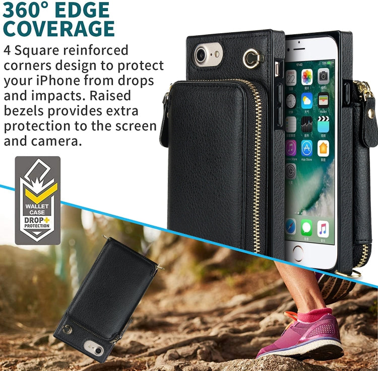For iPhone SE 2022 / SE 2020 / 8 / 7 Cross-body Zipper Big Wallet Bag Square TPU+PU Back Cover Case with Holder & Card Slots & Wallet & Strap