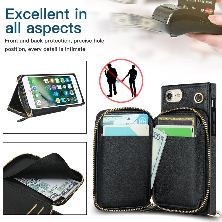For iPhone SE 2022 / SE 2020 / 8 / 7 Cross-body Zipper Big Wallet Bag Square TPU+PU Back Cover Case with Holder & Card Slots & Wallet & Strap