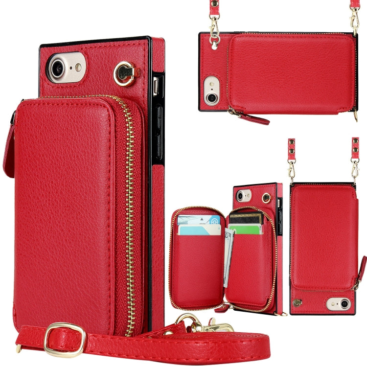 For iPhone SE 2022 / SE 2020 / 8 / 7 Cross-body Zipper Big Wallet Bag Square TPU+PU Back Cover Case with Holder & Card Slots & Wallet & Strap