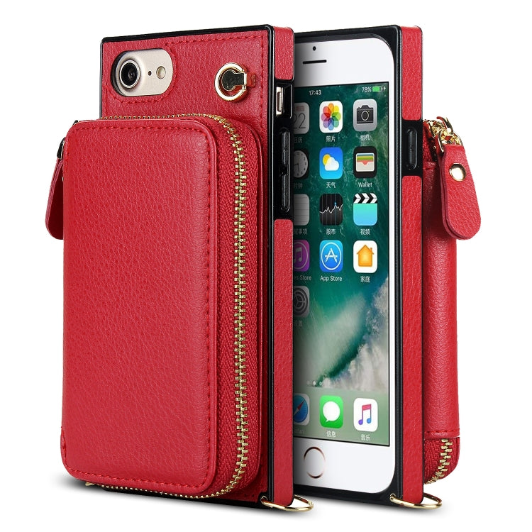 For iPhone SE 2022 / SE 2020 / 8 / 7 Cross-body Zipper Big Wallet Bag Square TPU+PU Back Cover Case with Holder & Card Slots & Wallet & Strap