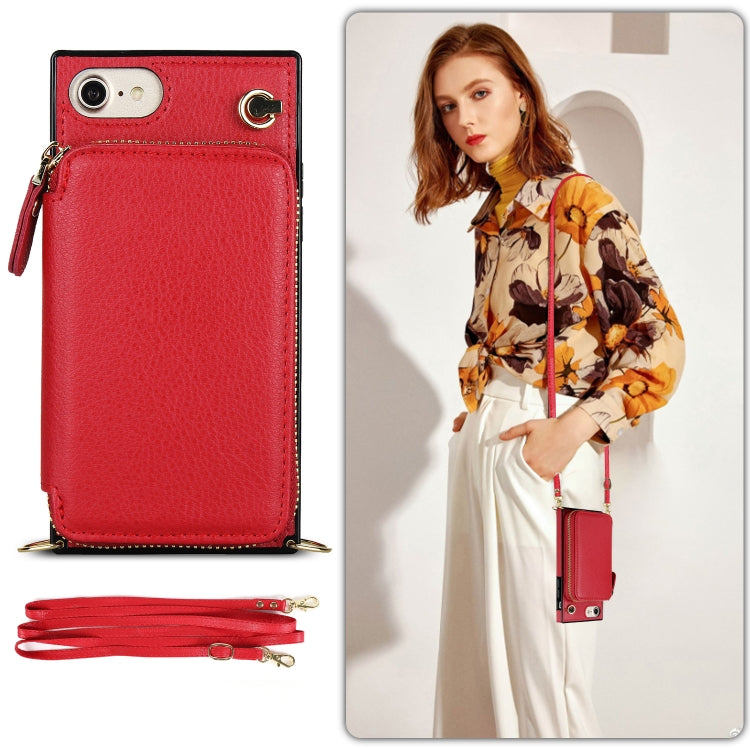 For iPhone SE 2022 / SE 2020 / 8 / 7 Cross-body Zipper Big Wallet Bag Square TPU+PU Back Cover Case with Holder & Card Slots & Wallet & Strap