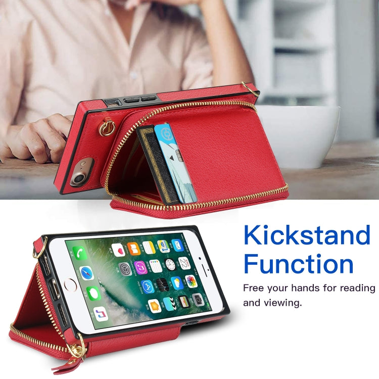 For iPhone SE 2022 / SE 2020 / 8 / 7 Cross-body Zipper Big Wallet Bag Square TPU+PU Back Cover Case with Holder & Card Slots & Wallet & Strap