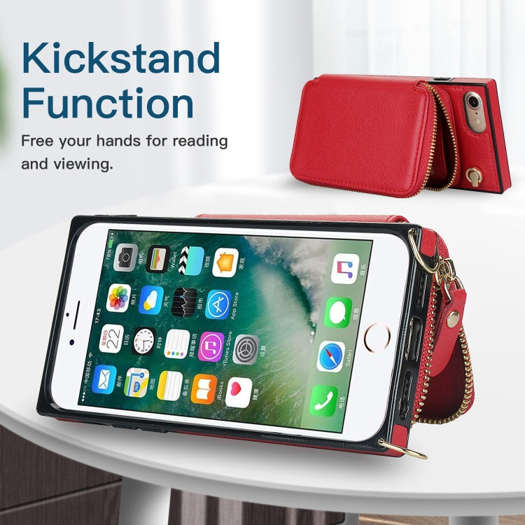 For iPhone SE 2022 / SE 2020 / 8 / 7 Cross-body Zipper Big Wallet Bag Square TPU+PU Back Cover Case with Holder & Card Slots & Wallet & Strap