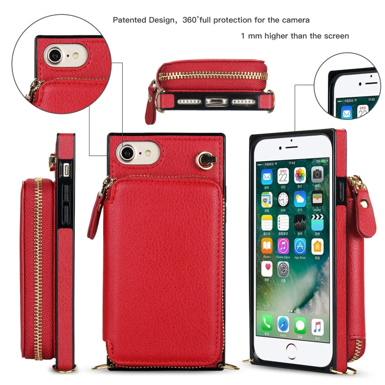 For iPhone SE 2022 / SE 2020 / 8 / 7 Cross-body Zipper Big Wallet Bag Square TPU+PU Back Cover Case with Holder & Card Slots & Wallet & Strap