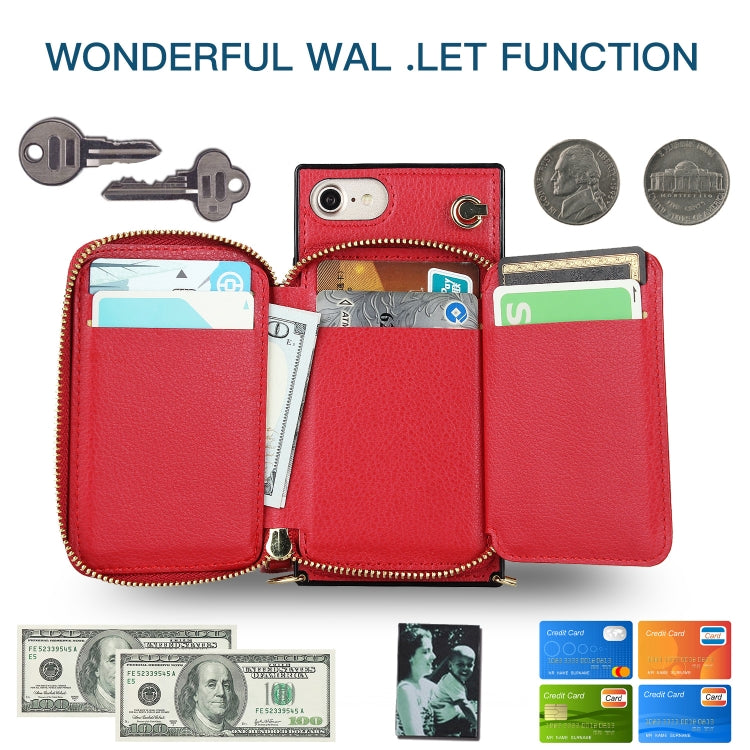 For iPhone SE 2022 / SE 2020 / 8 / 7 Cross-body Zipper Big Wallet Bag Square TPU+PU Back Cover Case with Holder & Card Slots & Wallet & Strap