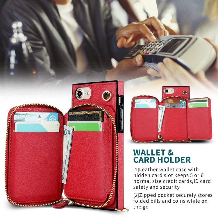 For iPhone SE 2022 / SE 2020 / 8 / 7 Cross-body Zipper Big Wallet Bag Square TPU+PU Back Cover Case with Holder & Card Slots & Wallet & Strap