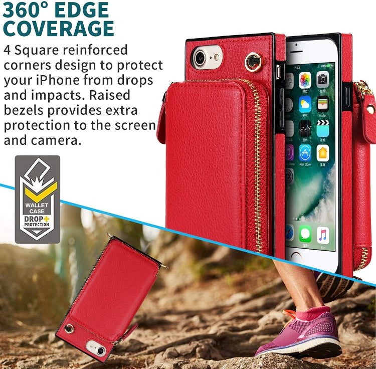 For iPhone SE 2022 / SE 2020 / 8 / 7 Cross-body Zipper Big Wallet Bag Square TPU+PU Back Cover Case with Holder & Card Slots & Wallet & Strap