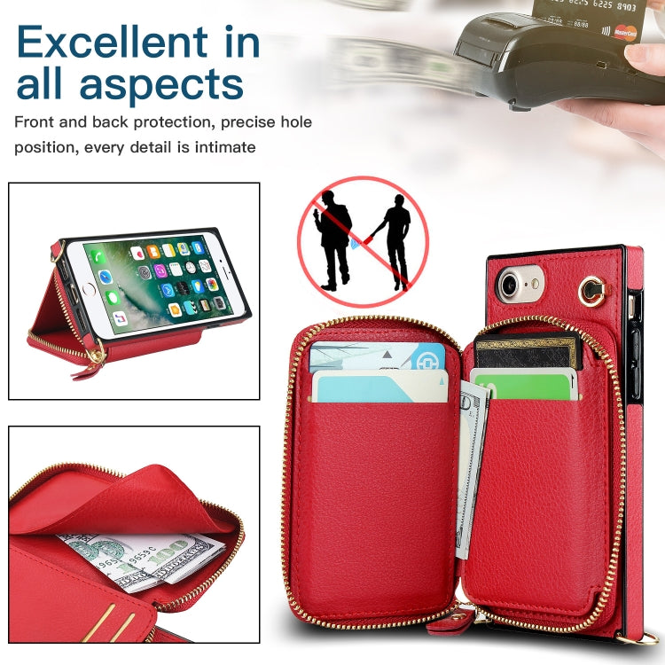 For iPhone SE 2022 / SE 2020 / 8 / 7 Cross-body Zipper Big Wallet Bag Square TPU+PU Back Cover Case with Holder & Card Slots & Wallet & Strap