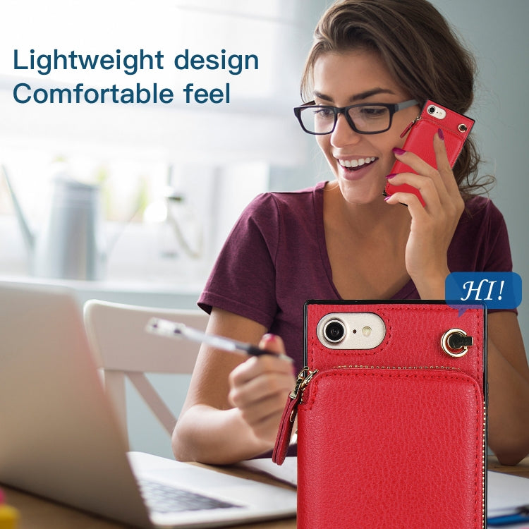 For iPhone SE 2022 / SE 2020 / 8 / 7 Cross-body Zipper Big Wallet Bag Square TPU+PU Back Cover Case with Holder & Card Slots & Wallet & Strap