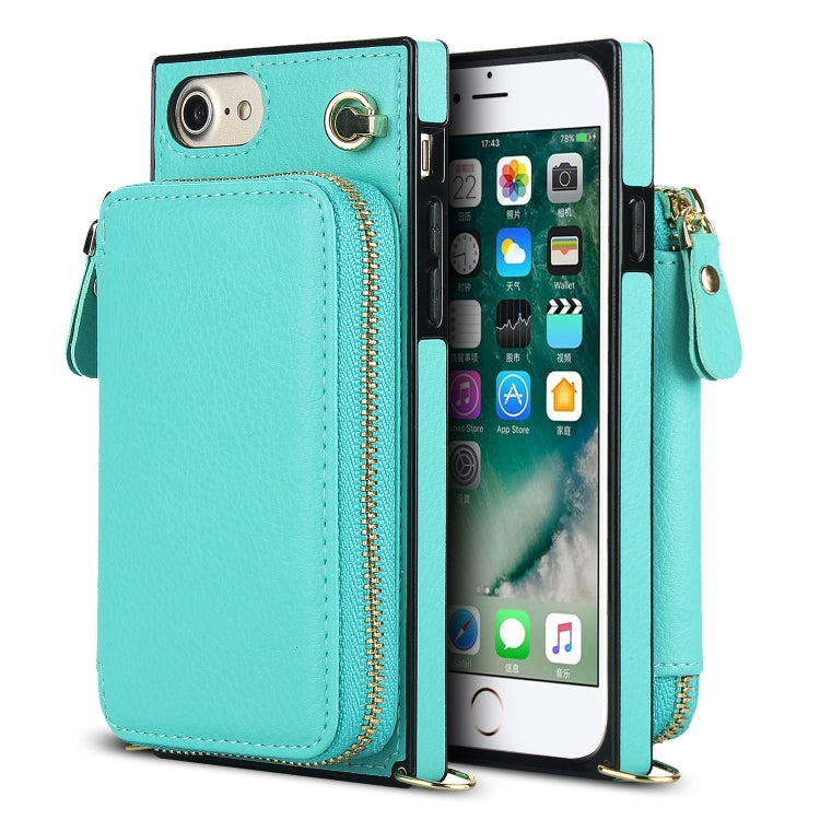 For iPhone SE 2022 / SE 2020 / 8 / 7 Cross-body Zipper Big Wallet Bag Square TPU+PU Back Cover Case with Holder & Card Slots & Wallet & Strap