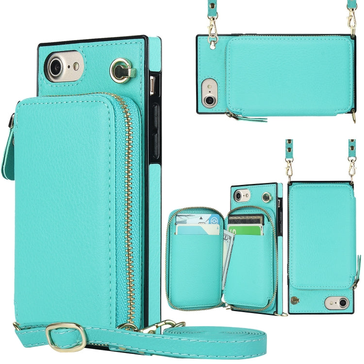 For iPhone SE 2022 / SE 2020 / 8 / 7 Cross-body Zipper Big Wallet Bag Square TPU+PU Back Cover Case with Holder & Card Slots & Wallet & Strap